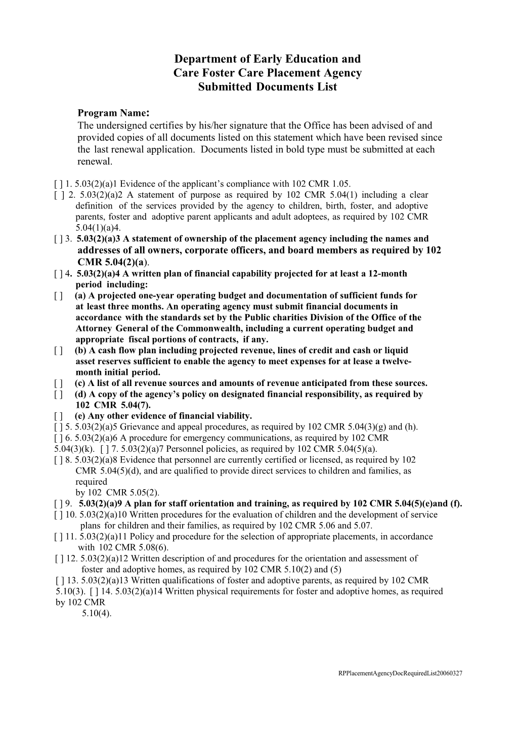 Placement Agency Documents Required List