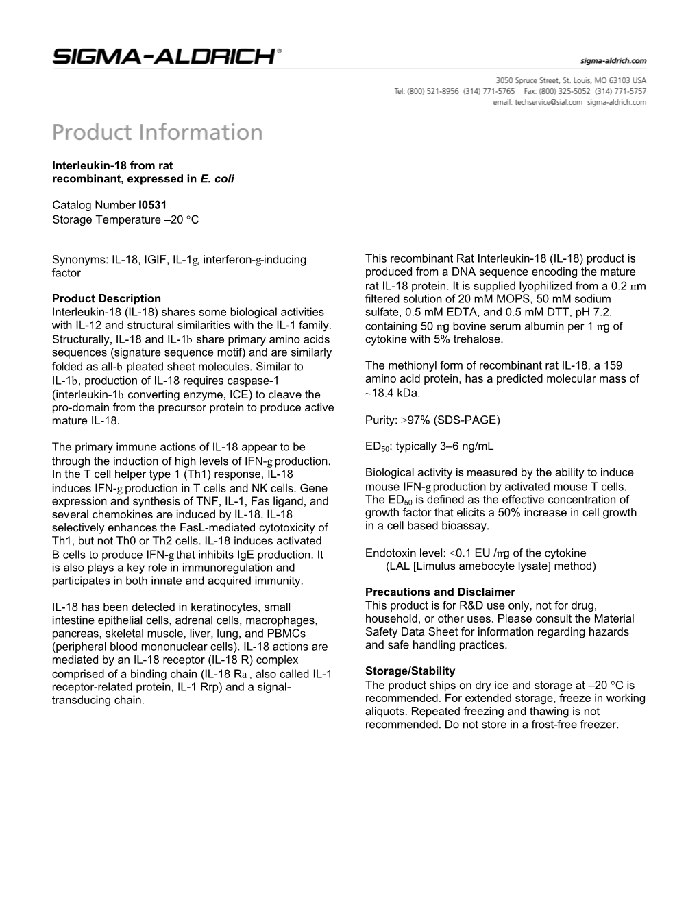 Interleukin-18 from Rat Recombinant, Expressed in E