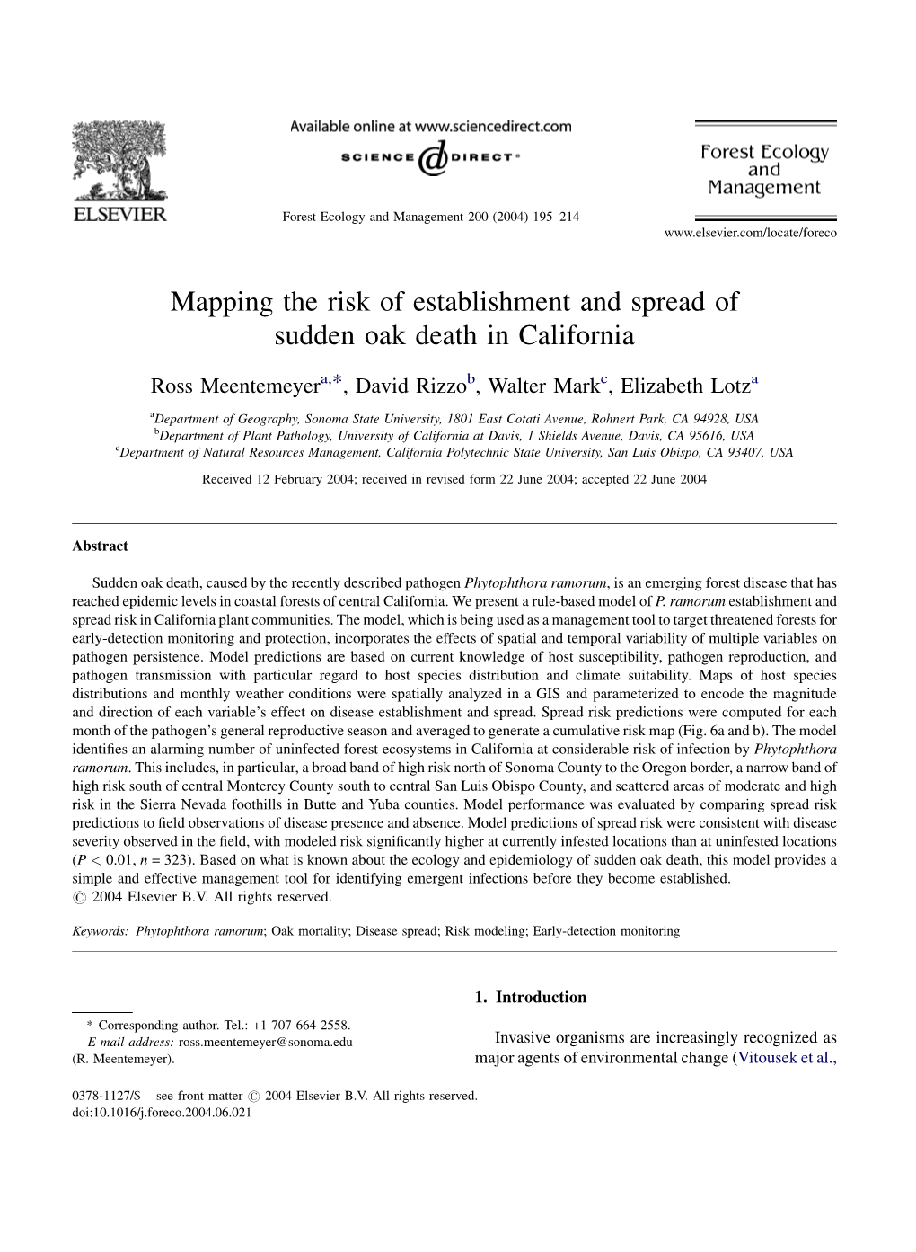 Mapping the Risk of Establishment and Spread of Sudden Oak Death in California