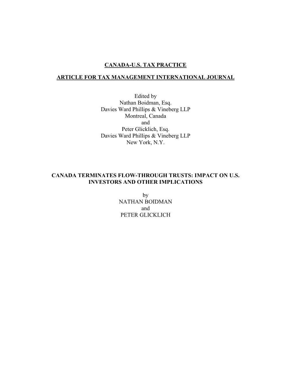 Canada US Tax Practice Tax Management International Journal November 2006