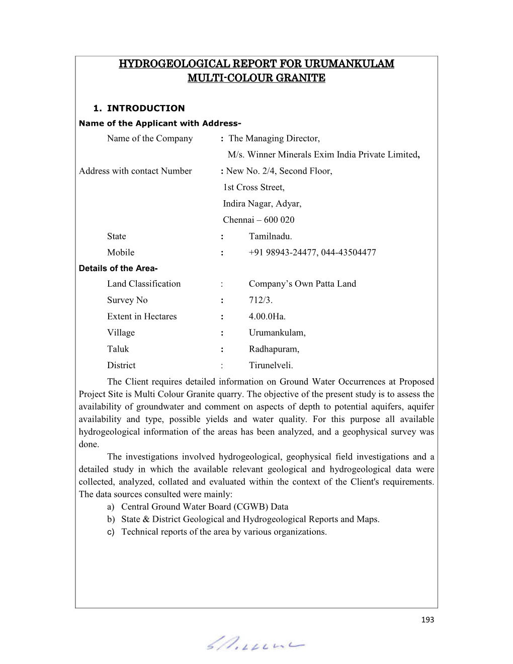 Hydrogeological Report for Urumankulam Multi-Colour Granite