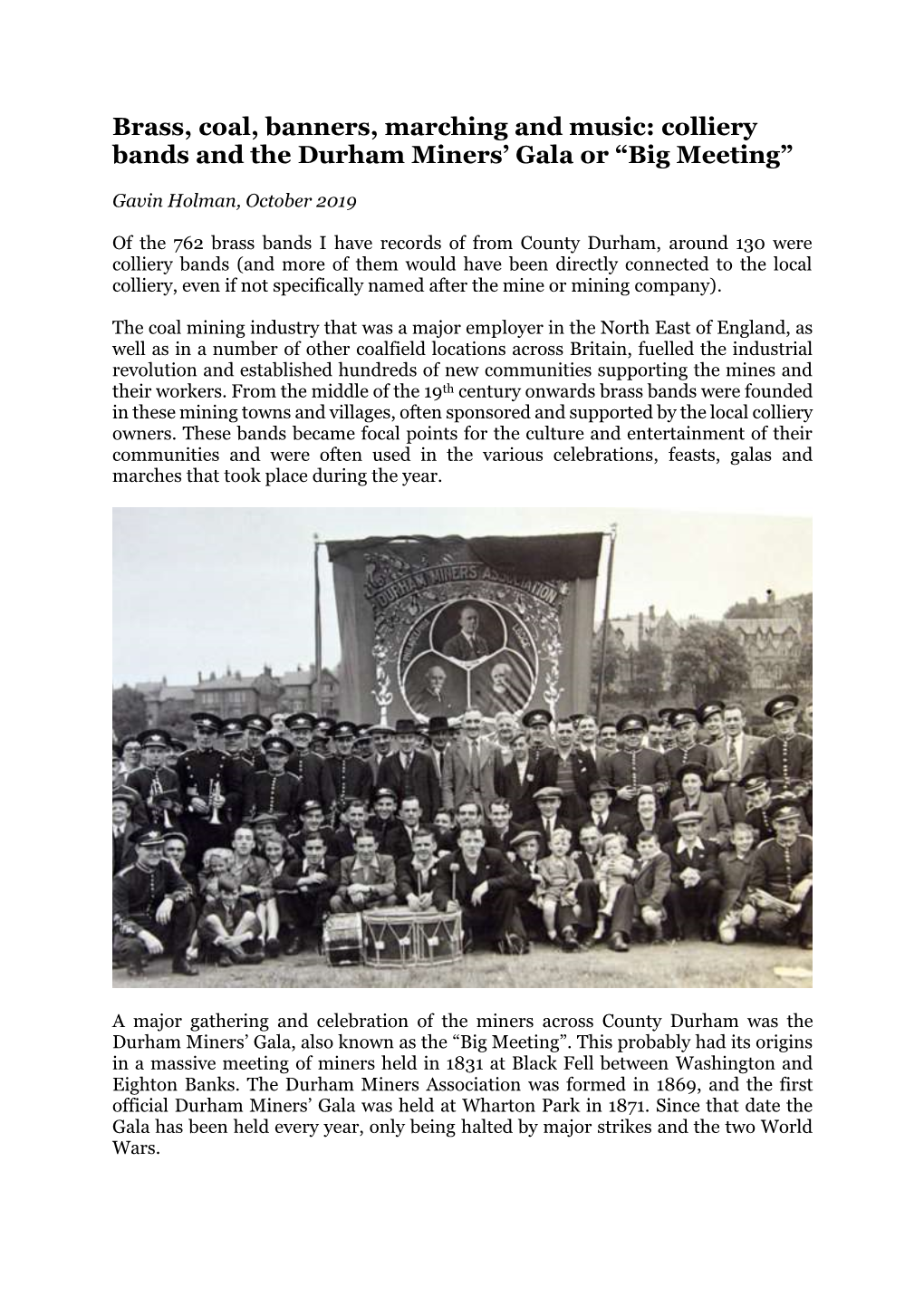 Colliery Bands and the Durham Miners' Gala Or “Big Meeting”