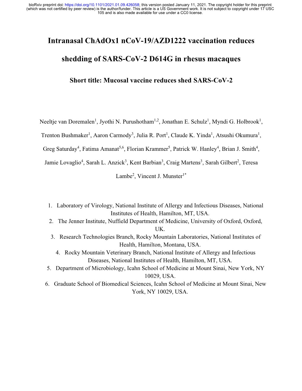 Intranasal Chadox1 Ncov-19/AZD1222 Vaccination Reduces