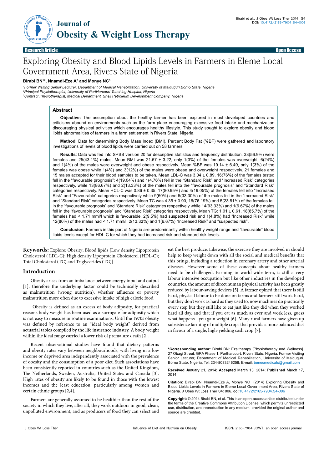 Exploring Obesity and Blood Lipids Levels in Farmers in Eleme