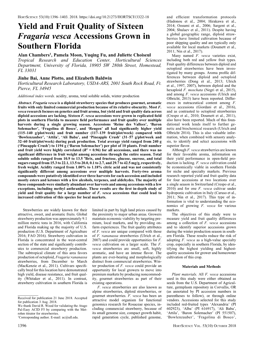 Yield and Fruit Quality of Sixteen Fragaria Vesca Accessions Grown in Southern Florida