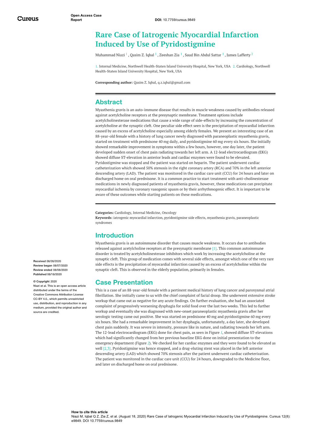 Rare Case of Iatrogenic Myocardial Infarction Induced by Use of Pyridostigmine