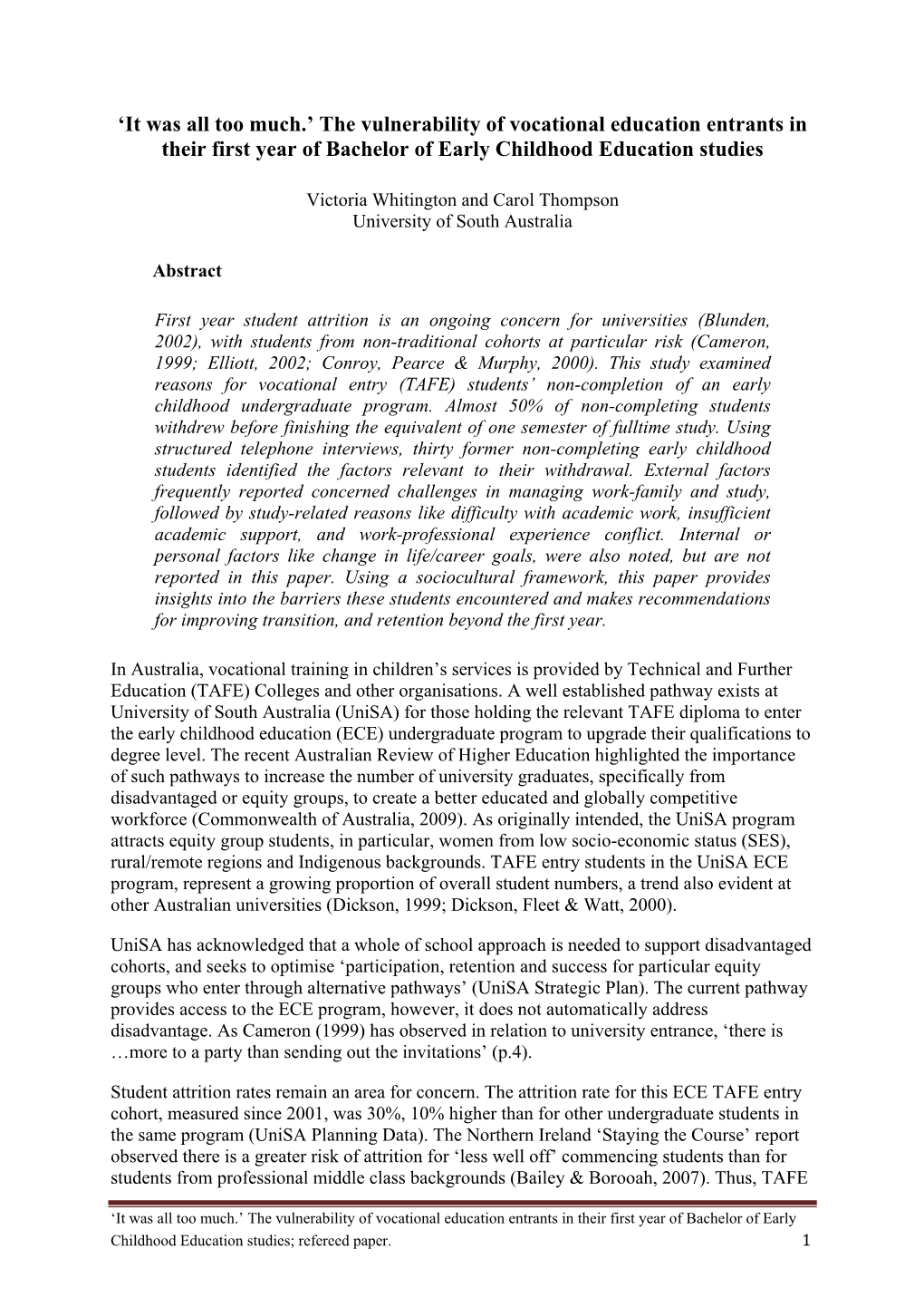 The Vulnerability of Vocational Education Entrants in Their First Year of Bachelor of Early Childhood Education Studies