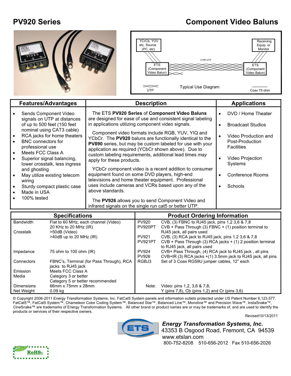 PV920 Series Component Video Baluns