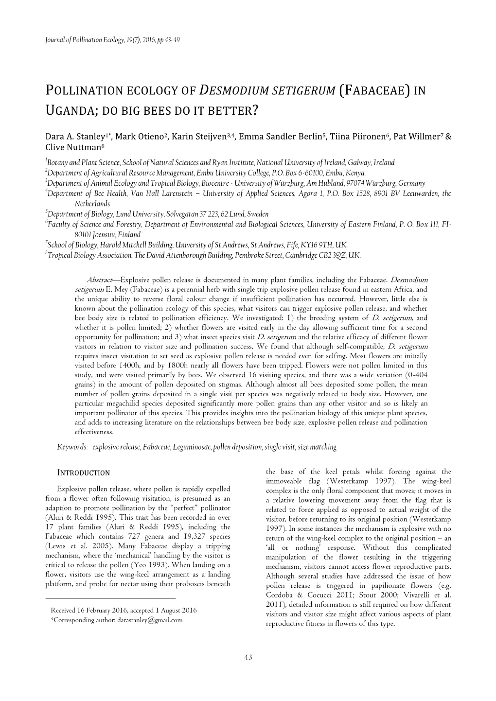 Pollination Ecology of Desmodium Setigerum (Fabaceae) in Uganda; Do Big Bees Do It Better?