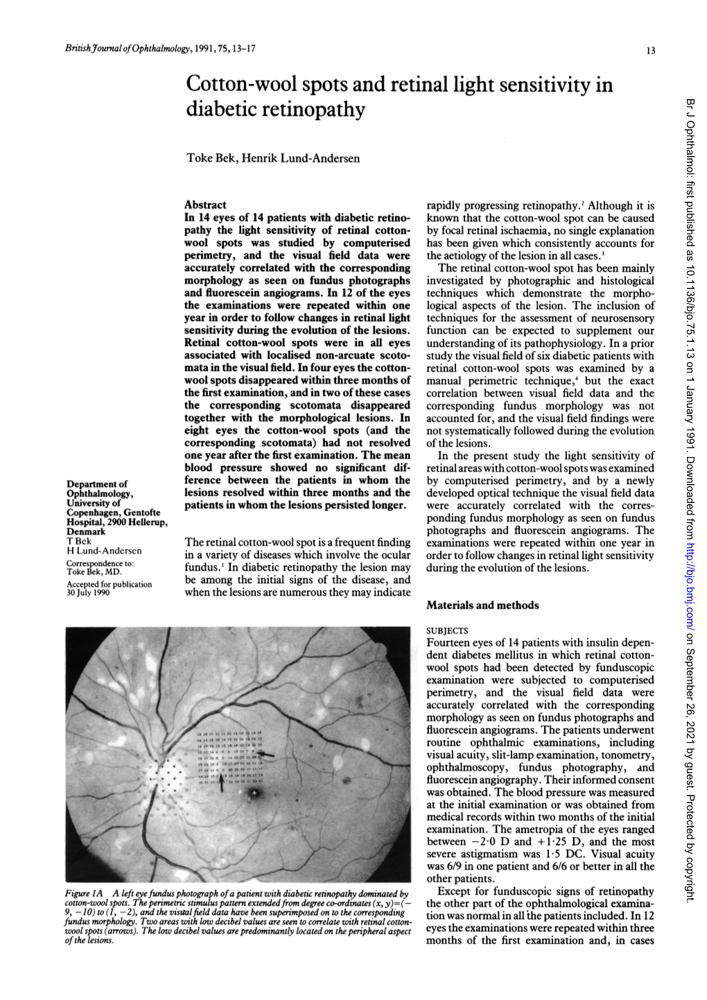 Cotton-Wool Spots and Retinal Light Sensitivity in Diabetic Retinopathy Br J Ophthalmol: First Published As 10.1136/Bjo.75.1.13 on 1 January 1991