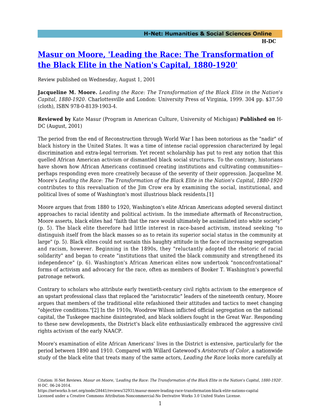Masur on Moore, 'Leading the Race: the Transformation of the Black Elite in the Nation's Capital, 1880-1920'