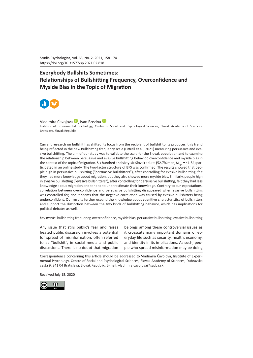 Relationships of Bullshitting Frequency, Overconfidence and Myside Bias in the Topic of Migration