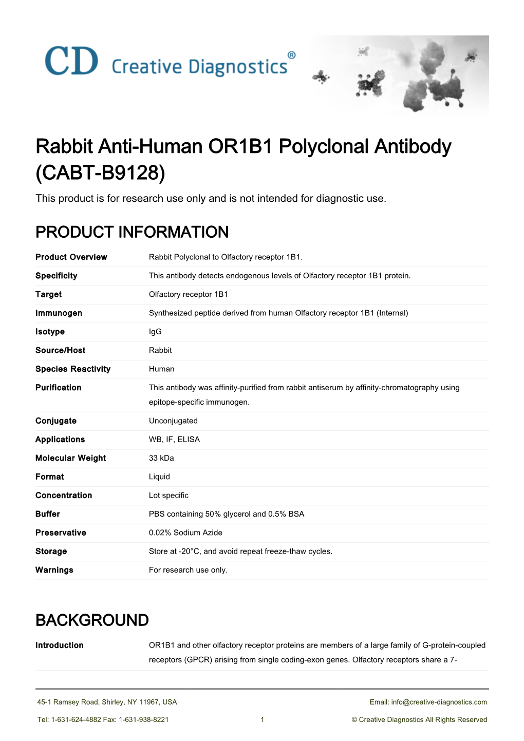 Rabbit Anti-Human OR1B1 Polyclonal Antibody (CABT-B9128) This Product Is for Research Use Only and Is Not Intended for Diagnostic Use