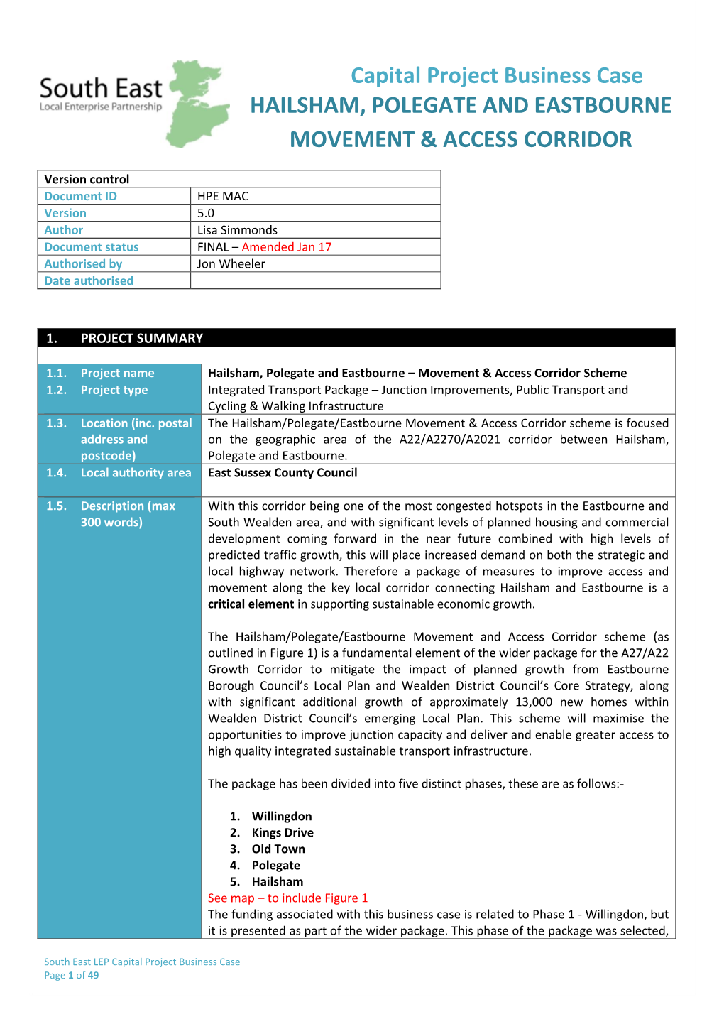 Capital Project Business Case HAILSHAM, POLEGATE and EASTBOURNE MOVEMENT & ACCESS CORRIDOR