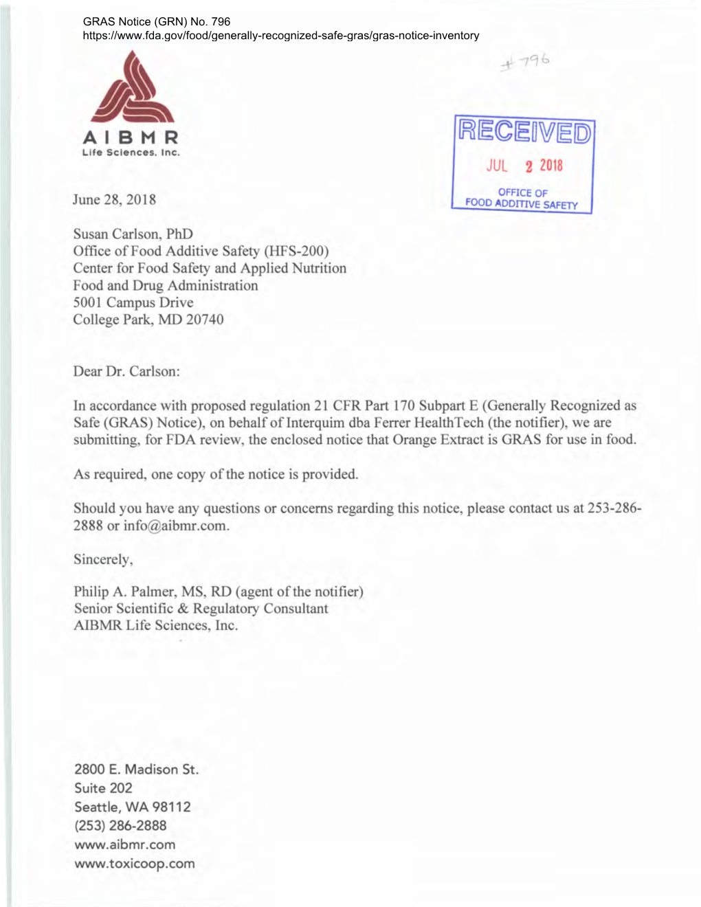 GRAS Notice 796 for Orange Extract (85% Hesperidin)