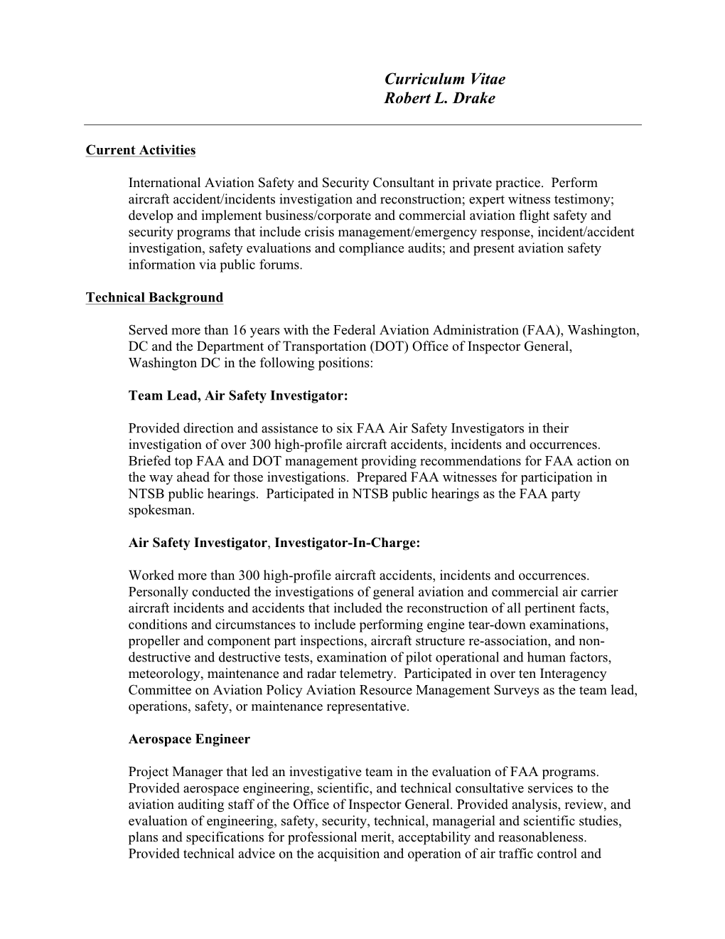 Curriculum Vitae Robert L. Drake