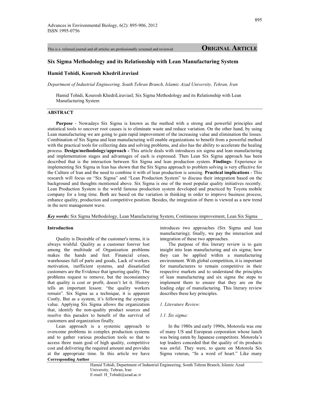 Six Sigma Methodology and Its Relationship with Lean Manufacturing System