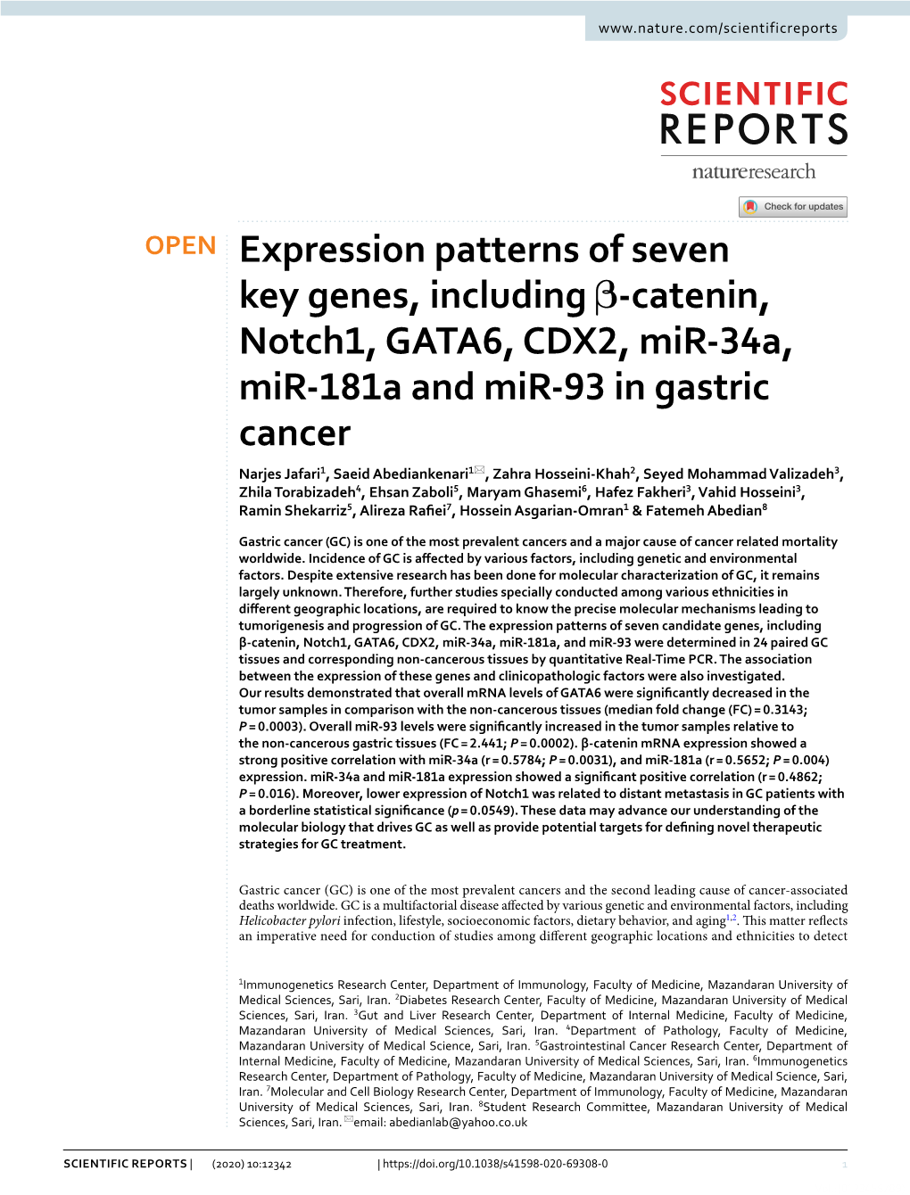 Expression Patterns of Seven Key Genes, Including Β-Catenin, Notch1