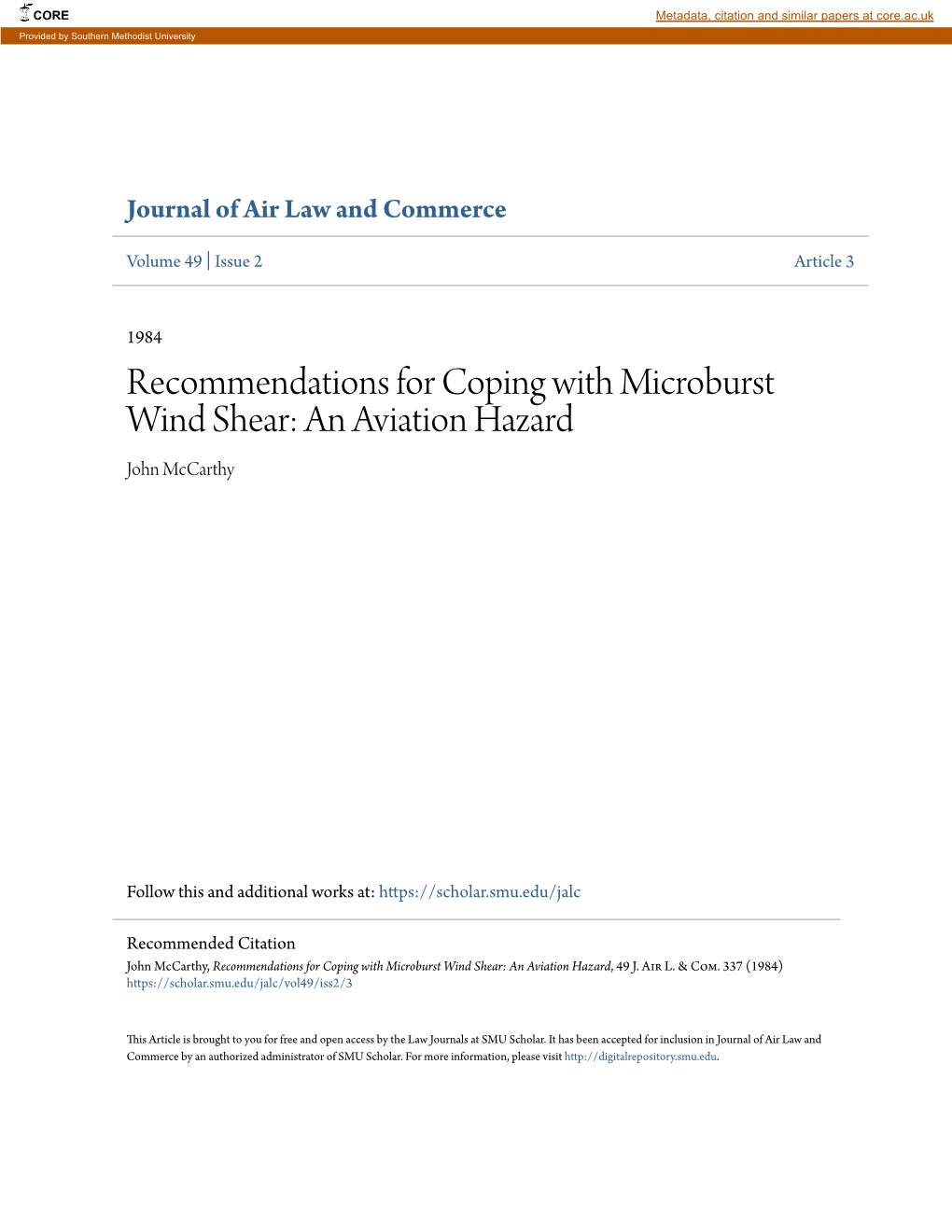 Recommendations for Coping with Microburst Wind Shear: an Aviation Hazard John Mccarthy