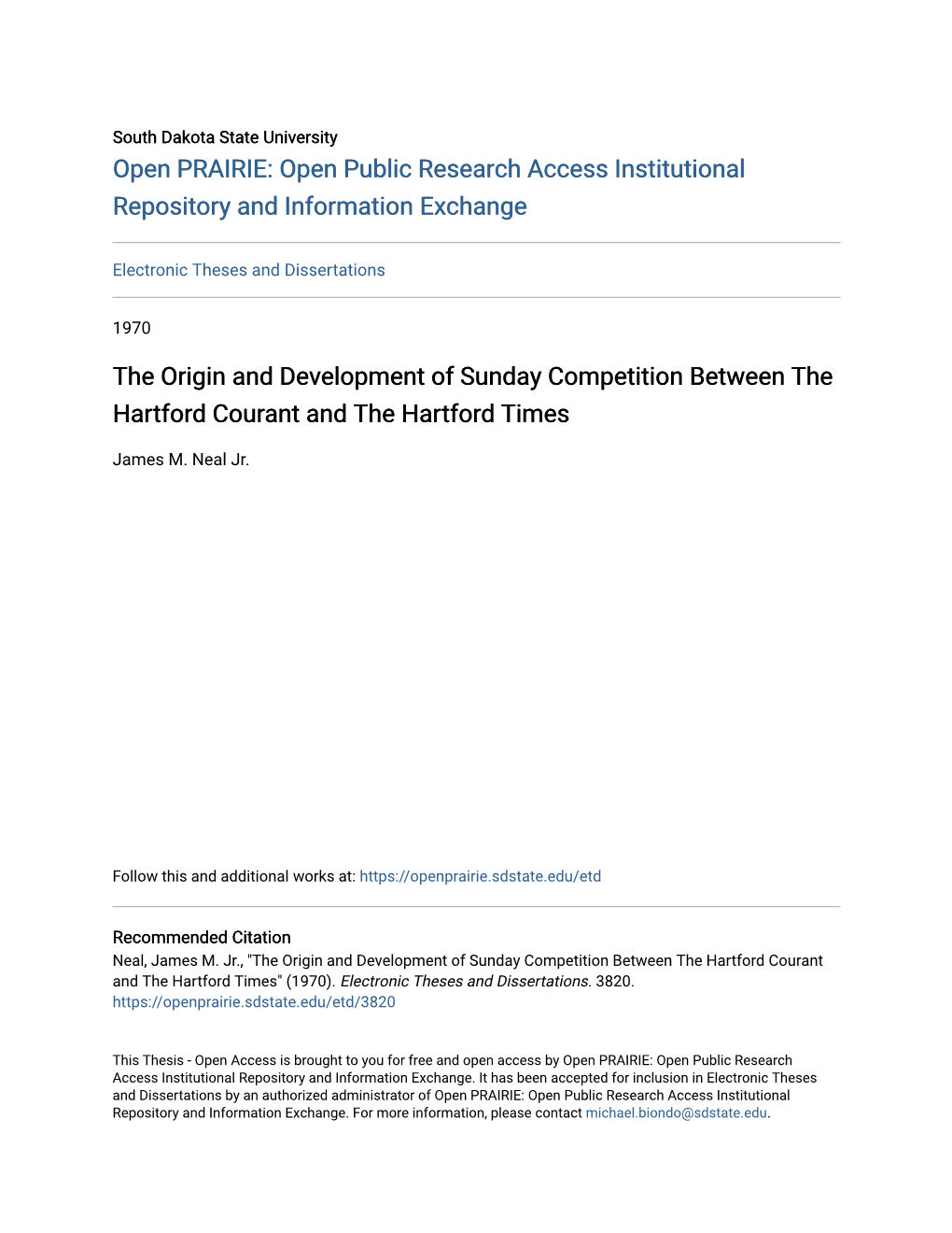 The Origin and Development of Sunday Competition Between the Hartford Courant and the Hartford Times