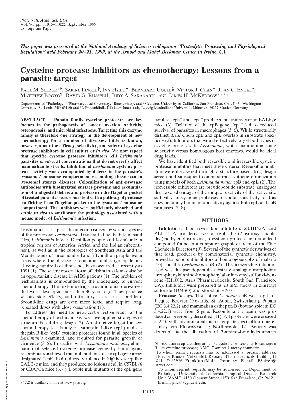 Cysteine Protease Inhibitors As Chemotherapy: Lessons from a Parasite Target