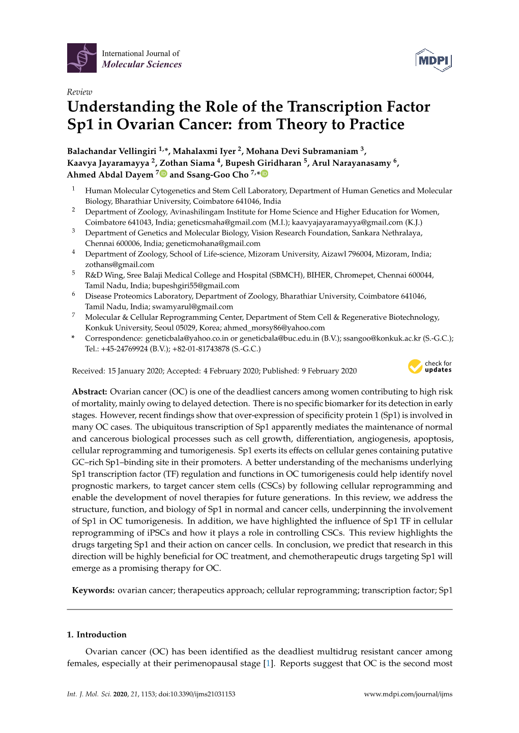 Understanding the Role of the Transcription Factor Sp1 in Ovarian Cancer: from Theory to Practice