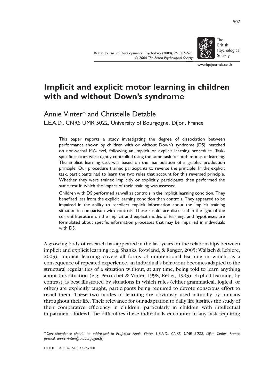 Implicit and Explicit Motor Learning in Children with and Without Down's