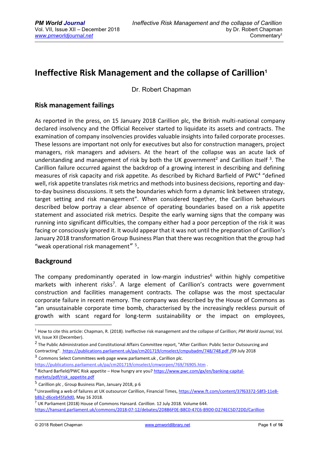 Ineffective Risk Management and the Collapse of Carillion Vol