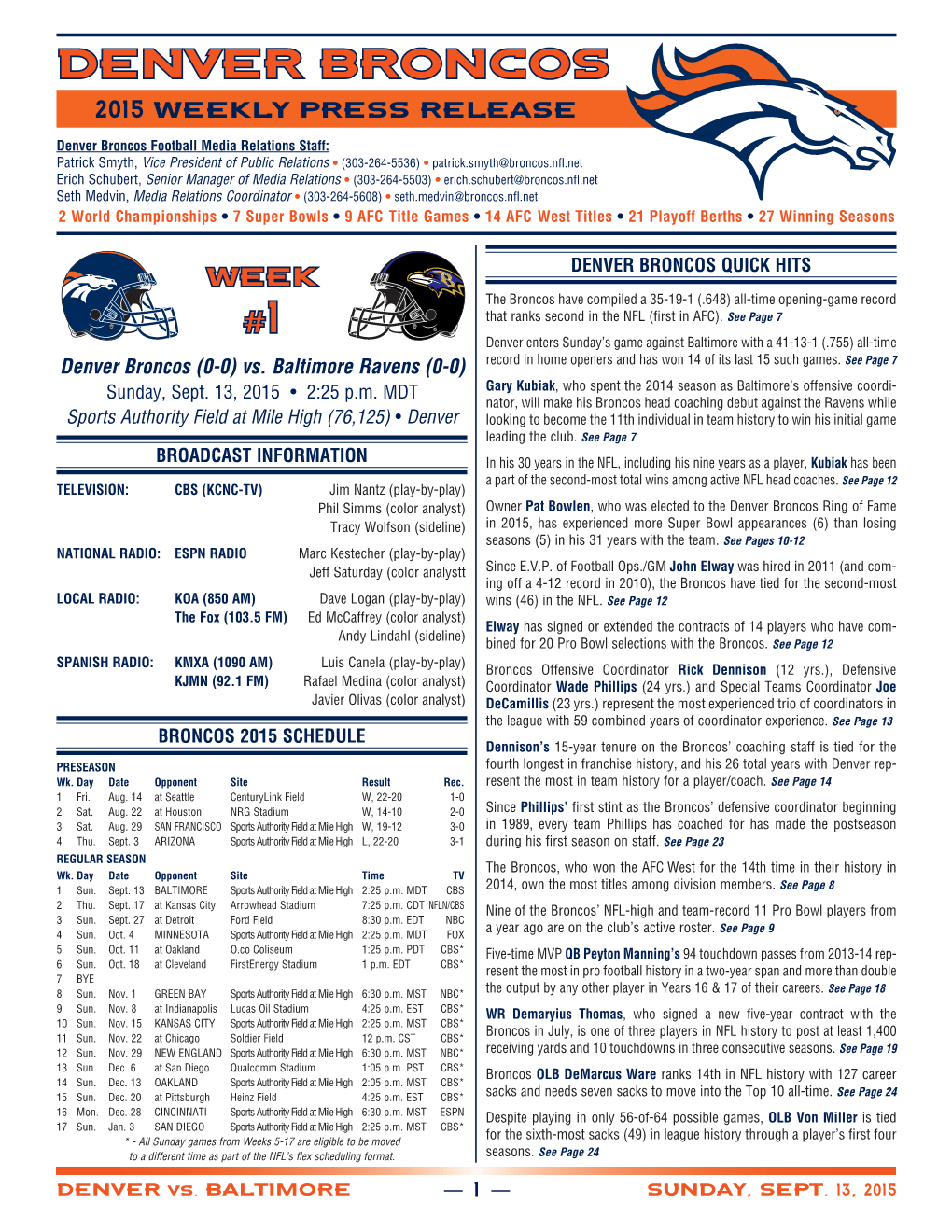 Denver Broncos Weekly Release Packet (Vs. Baltimore, 9/13/15)