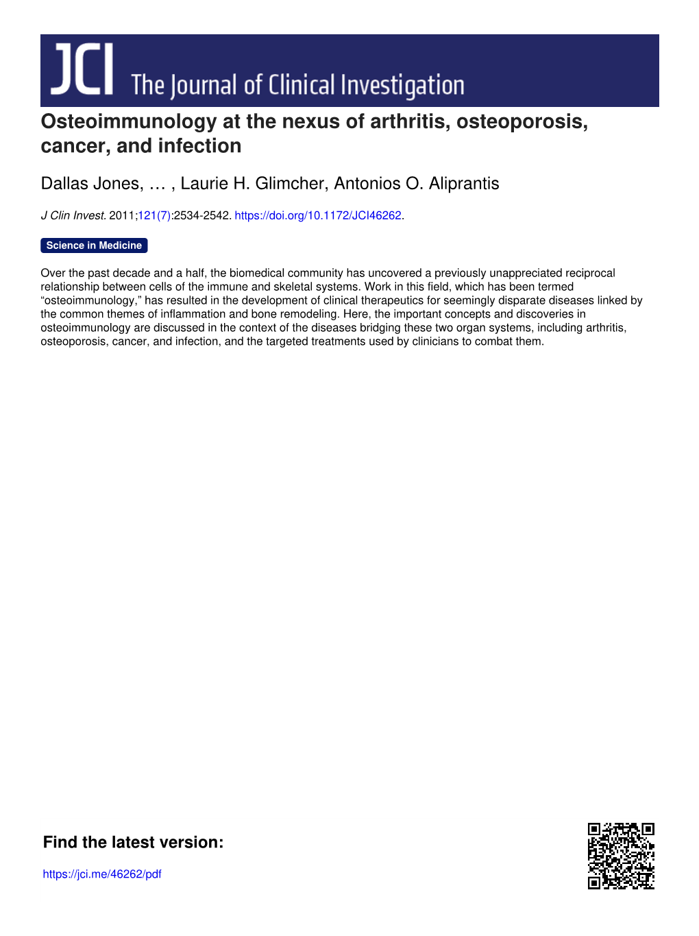 Osteoimmunology at the Nexus of Arthritis, Osteoporosis, Cancer, and Infection