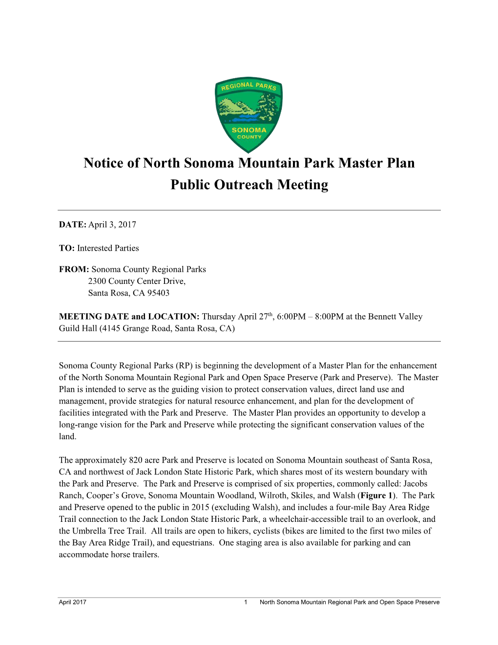 North Sonoma Mountain Park and Preserve Master Plan