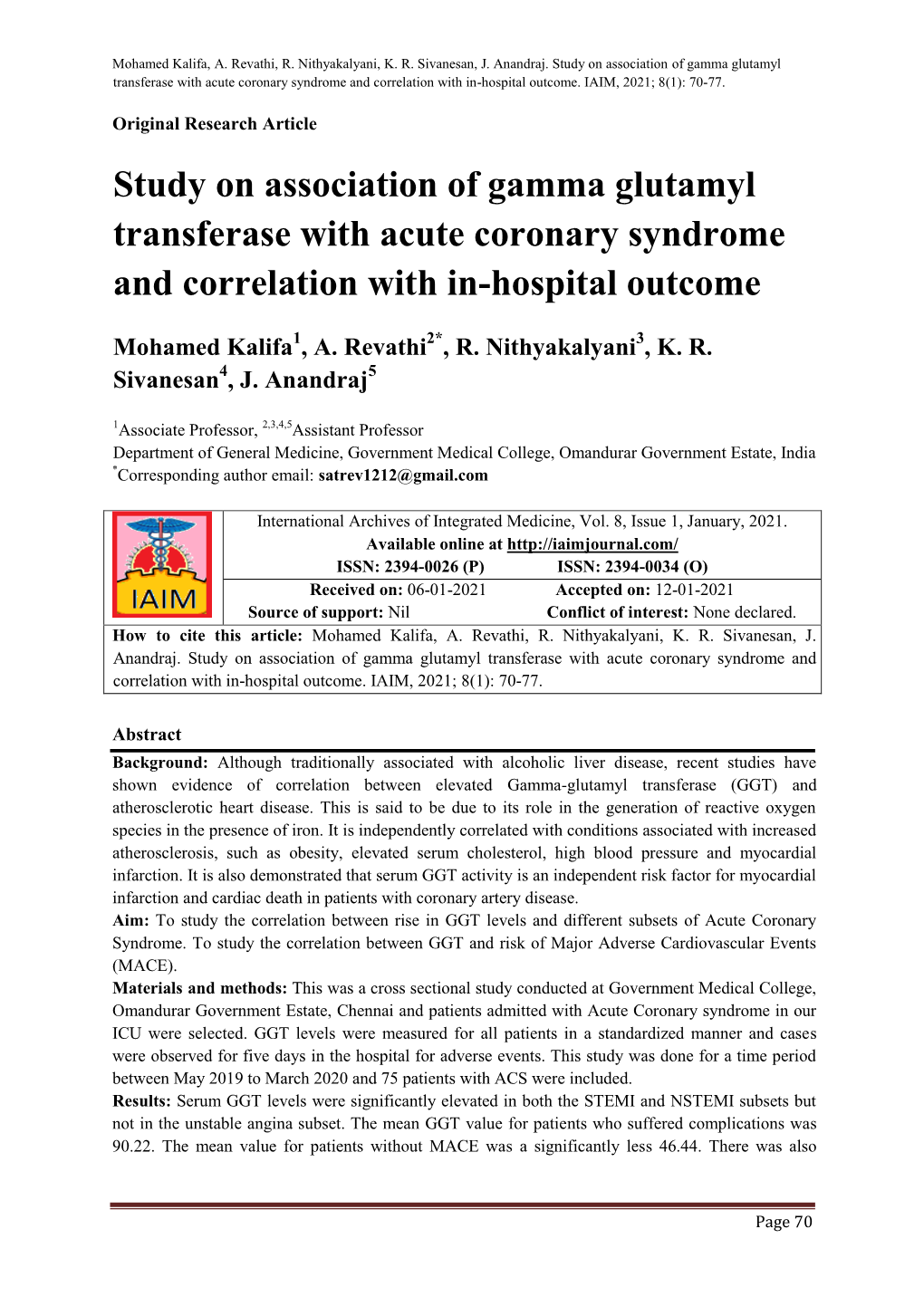 Study on Association of Gamma Glutamyl Transferase with Acute Coronary Syndrome and Correlation with In-Hospital Outcome