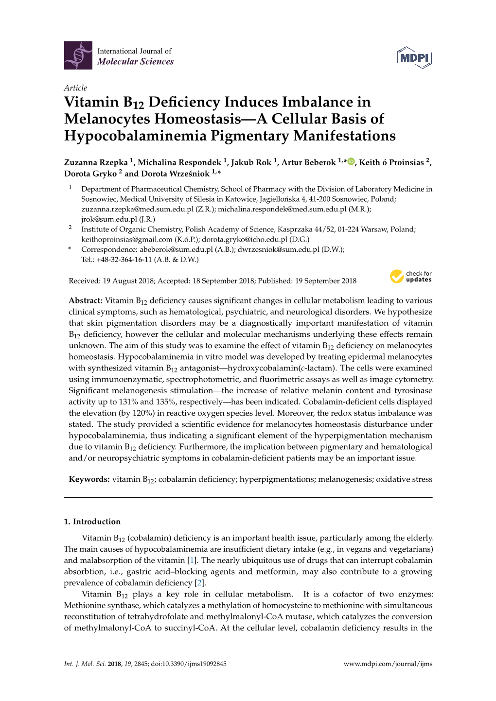 Vitamin B12 Deficiency Induces Imbalance in Melanocytes