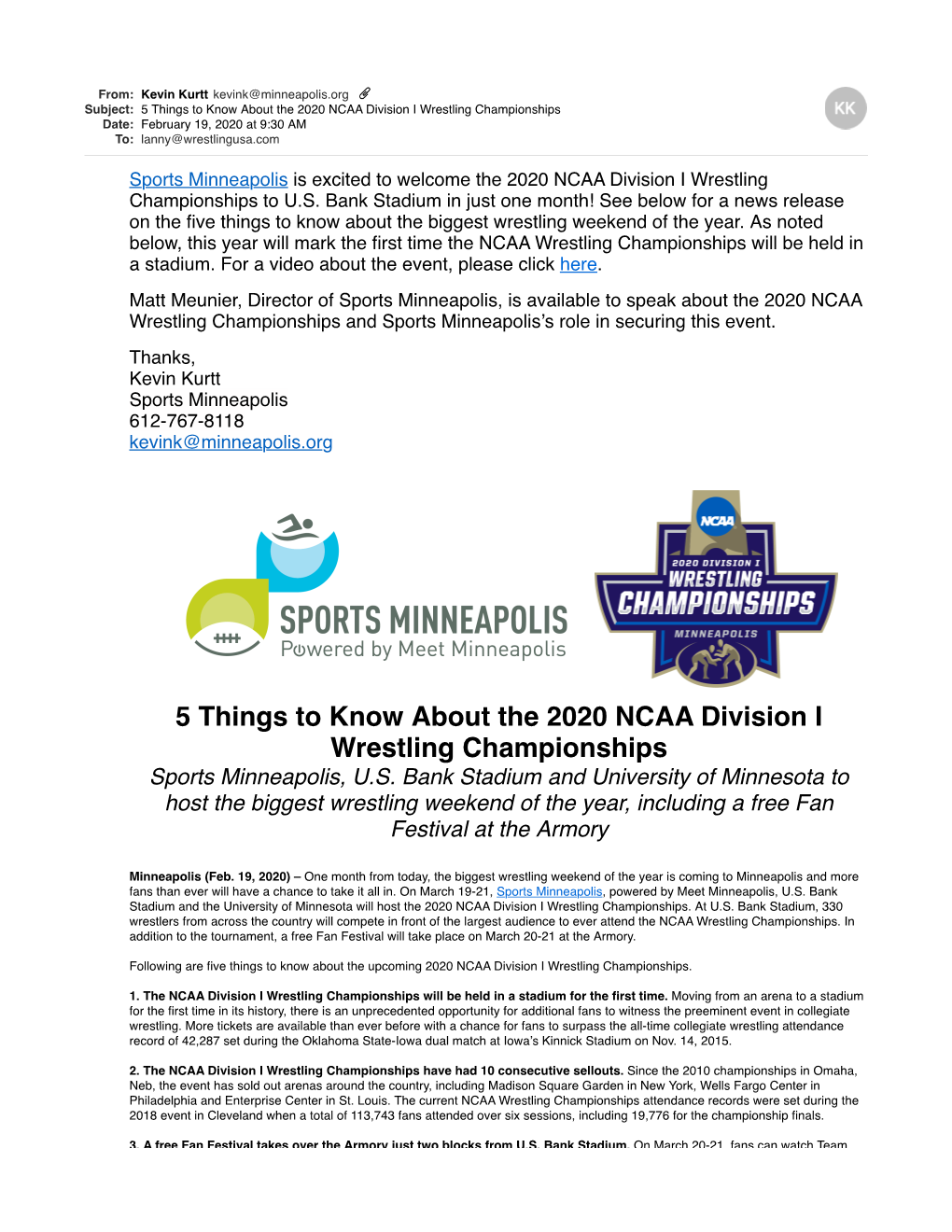 5 Things to Know About the 2020 NCAA Division I Wrestling Championships Date: February 19, 2020 at 9:30 AM To: Lanny@Wrestlingusa.Com