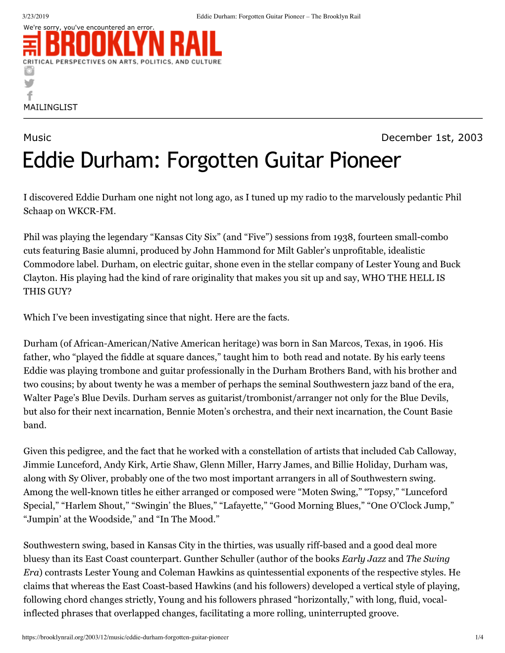 Eddie Durham: Forgotten Guitar Pioneer – the Brooklyn Rail We're Sorry, You've Encountered an Error