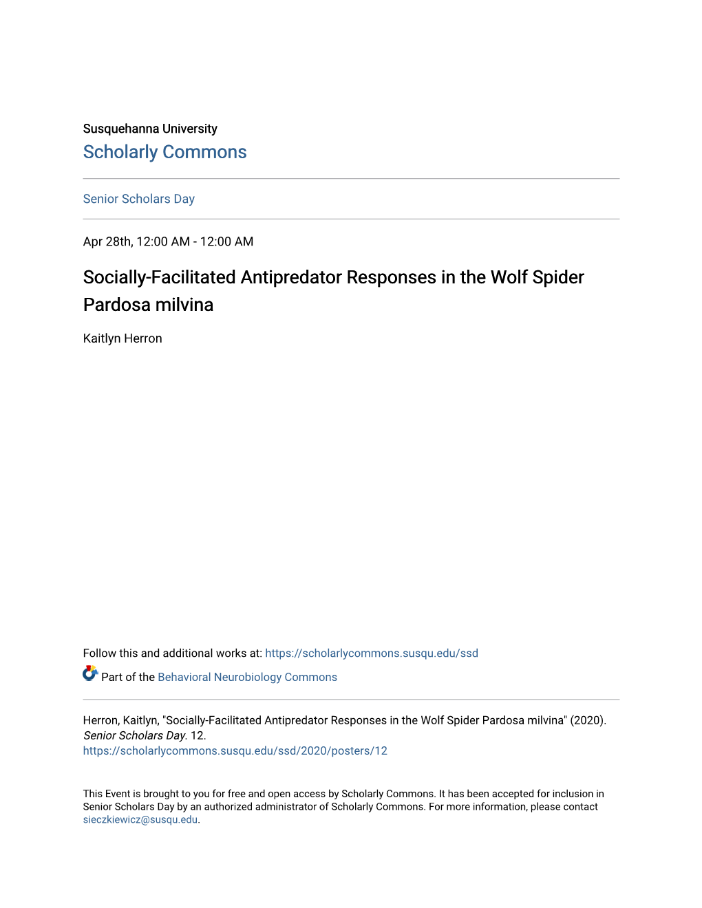 Socially-Facilitated Antipredator Responses in the Wolf Spider Pardosa Milvina