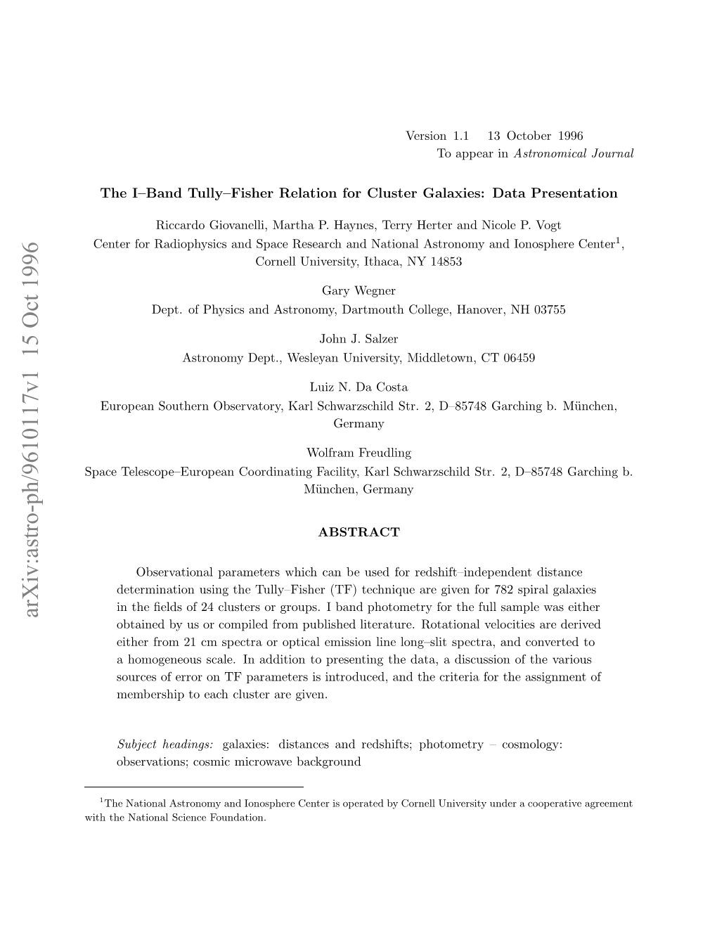 Arxiv:Astro-Ph/9610117V1 15 Oct 1996 Pc Eecp–Uoencodntn Aiiy Alsch Karl Facility, Coordinating Telescope–European Space Ihtentoa Cec Foundation