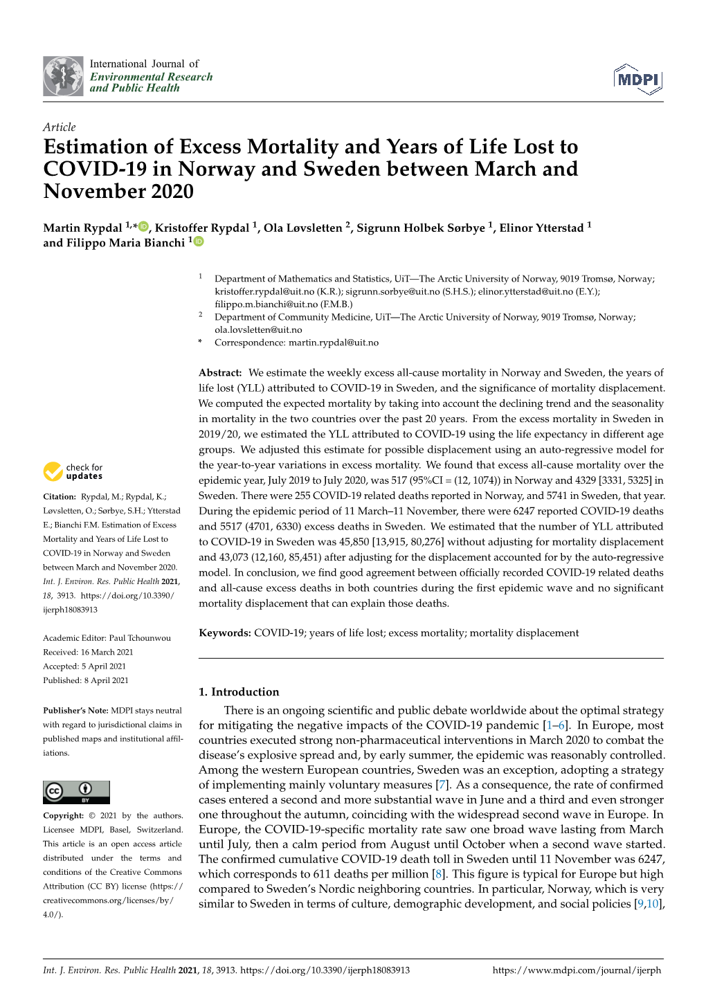 Estimation of Excess Mortality and Years of Life Lost to COVID-19 in Norway and Sweden Between March and November 2020