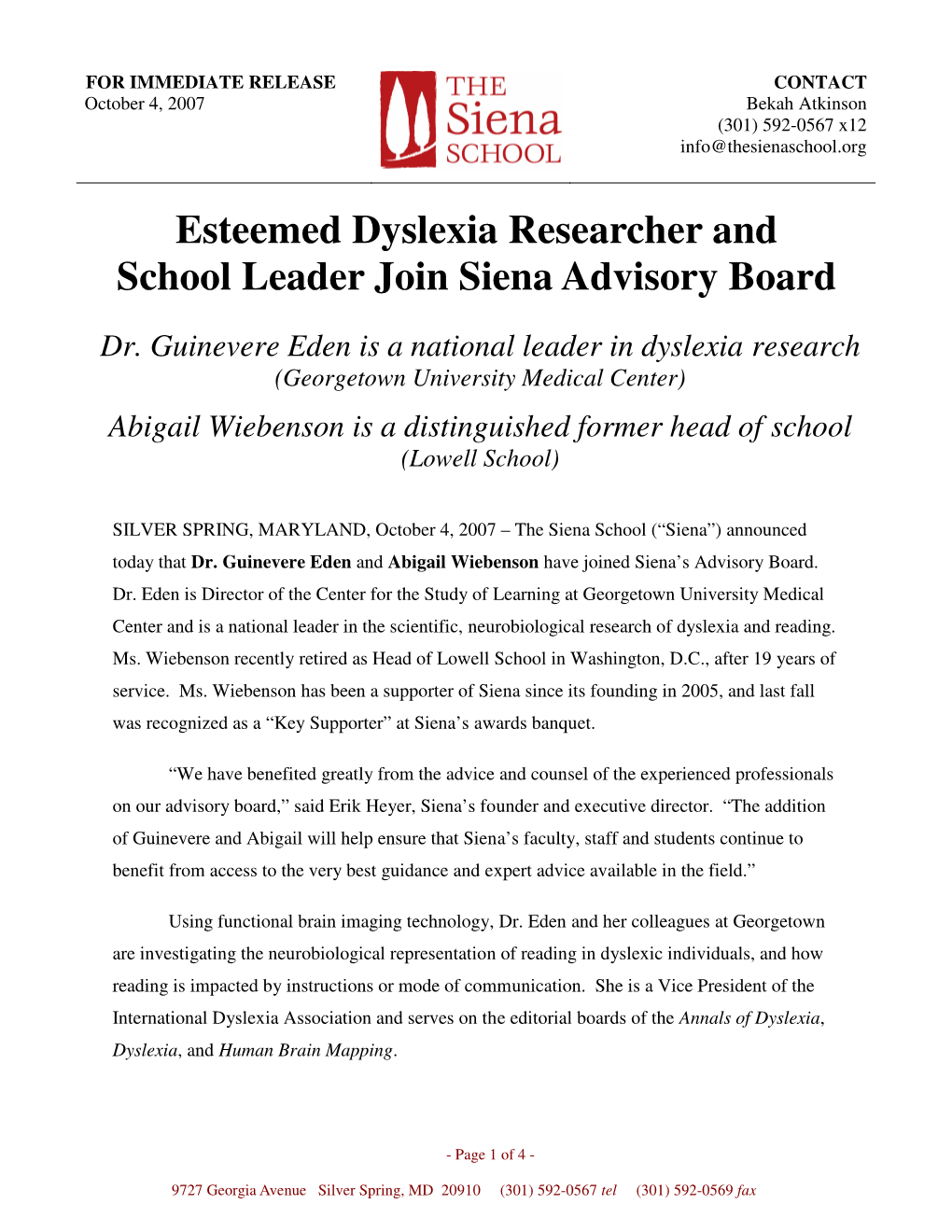 Esteemed Dyslexia Researcher and School Leader Join Siena Advisory Board