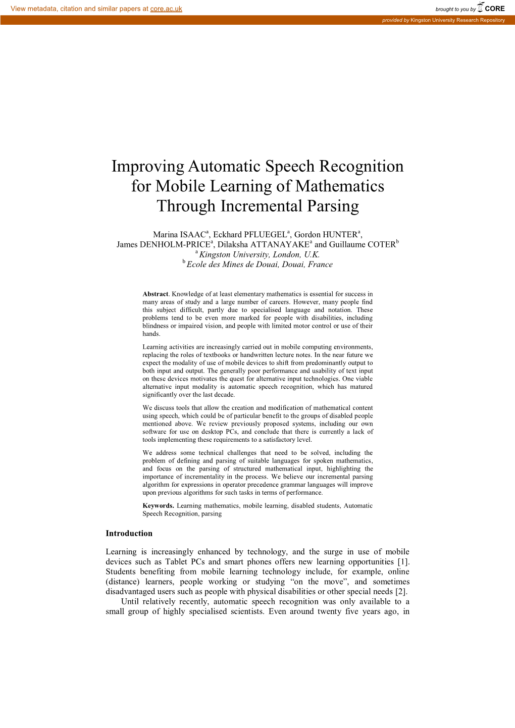 Improving Automatic Speech Recognition for Mobile Learning of Mathematics Through Incremental Parsing