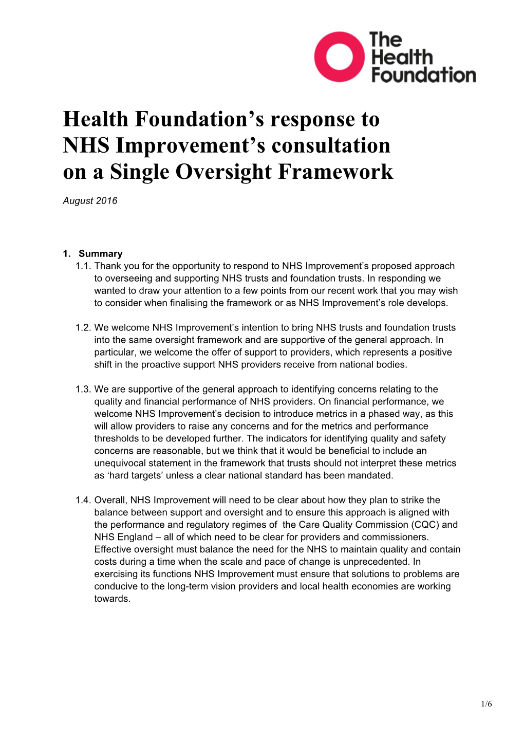 Health Foundation's Response to NHS Improvement's Consultation on A