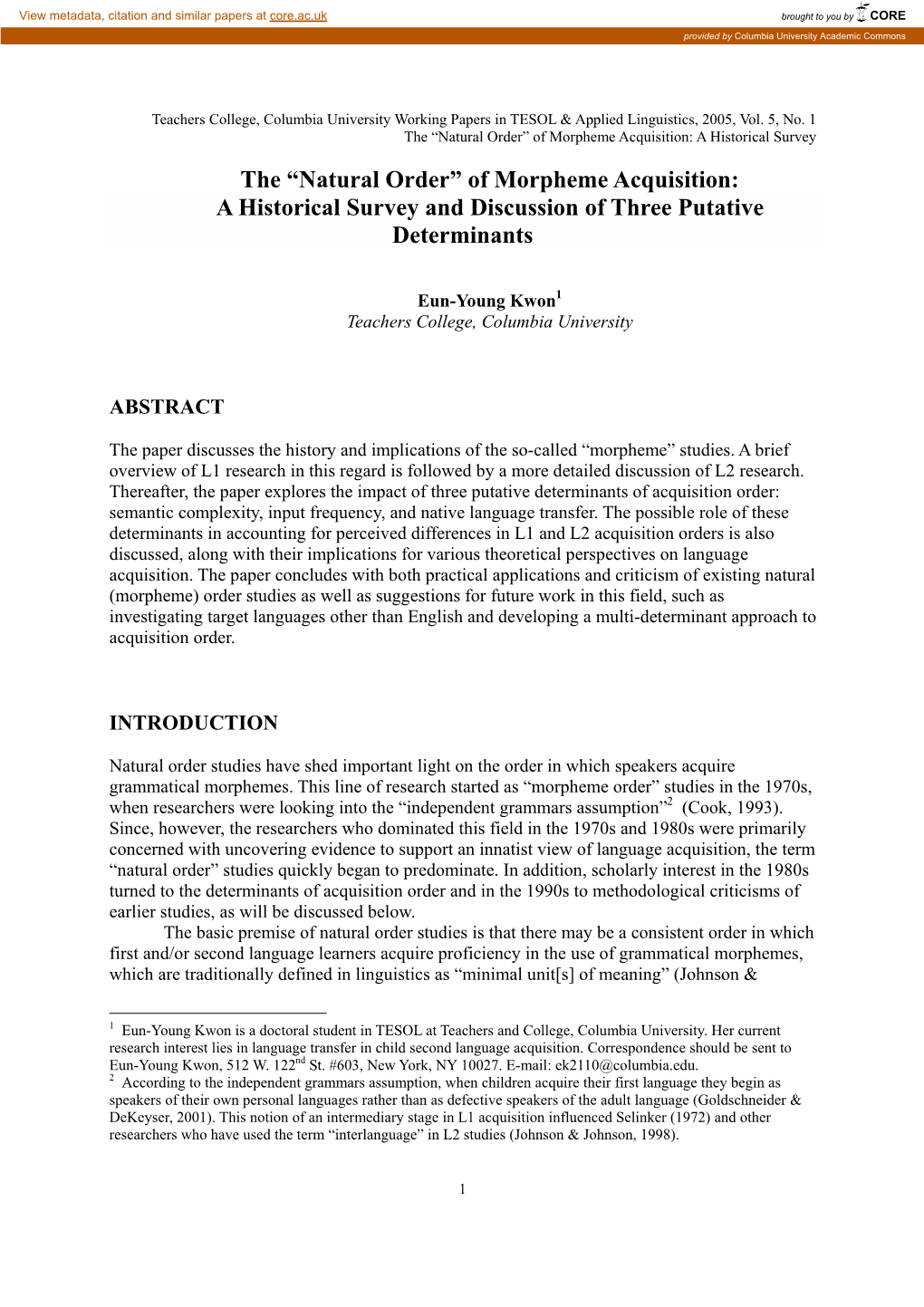 The “Natural Order” of Morpheme Acquisition: a Historical Survey