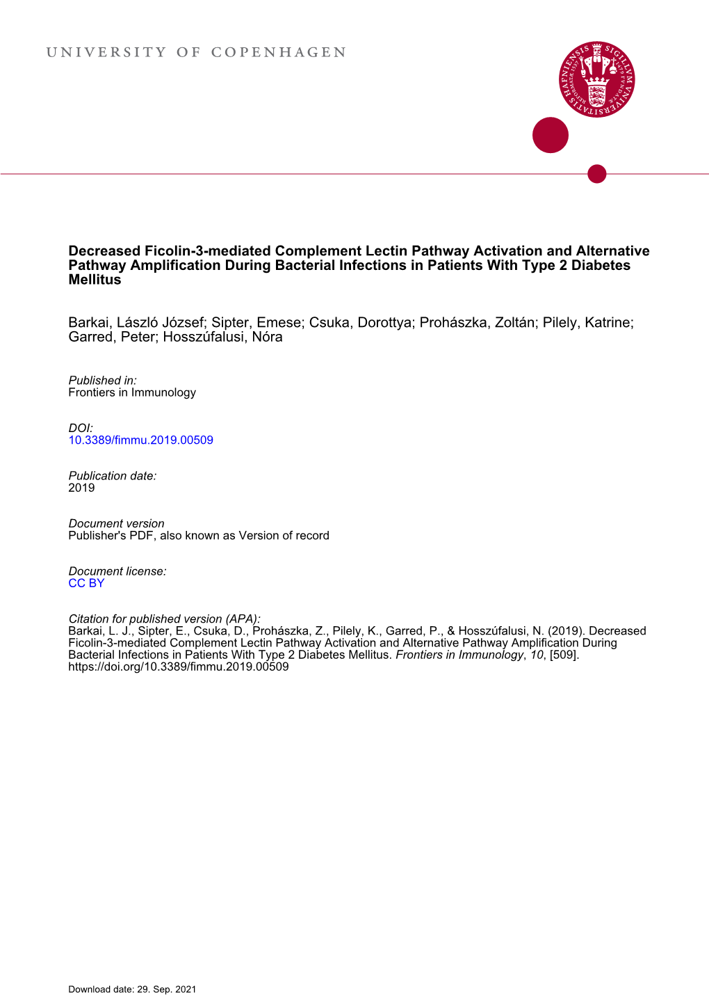 Decreased Ficolin-3-Mediated Complement Lectin Pathway