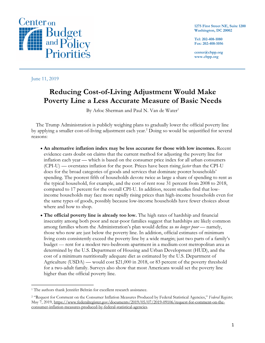 Reducing Cost-Of-Living Adjustment Would Make Poverty Line a Less Accurate Measure of Basic Needs by Arloc Sherman and Paul N