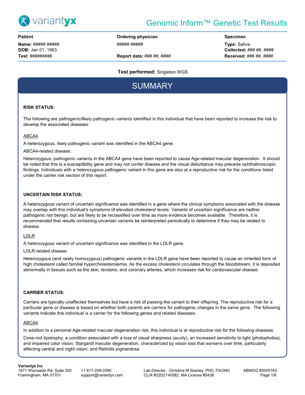 Genomic Inform™ Genetic Test Results SUMMARY