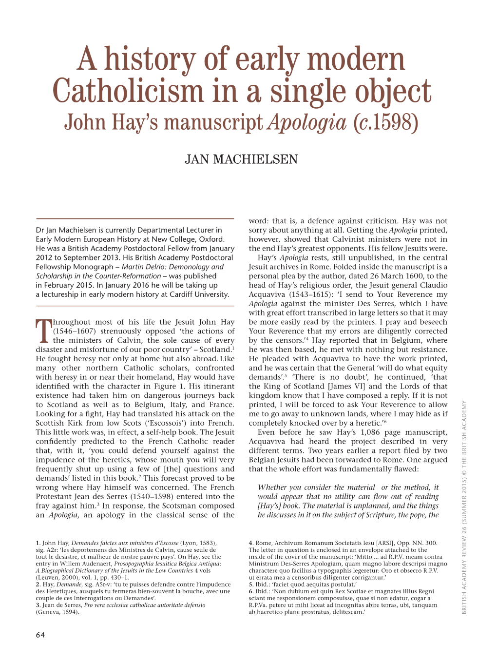 A History of Early Modern Catholicism in a Single Object John Hay’S Manuscript Apologia (C.1598)