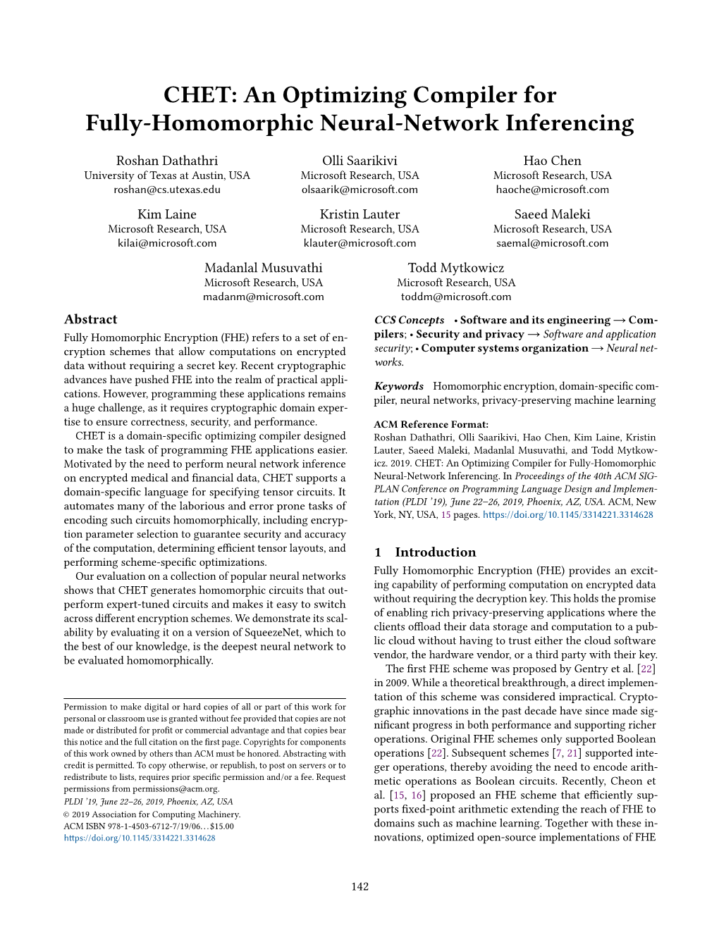 CHET: an Optimizing Compiler for Fully-Homomorphic Neural-Network Inferencing