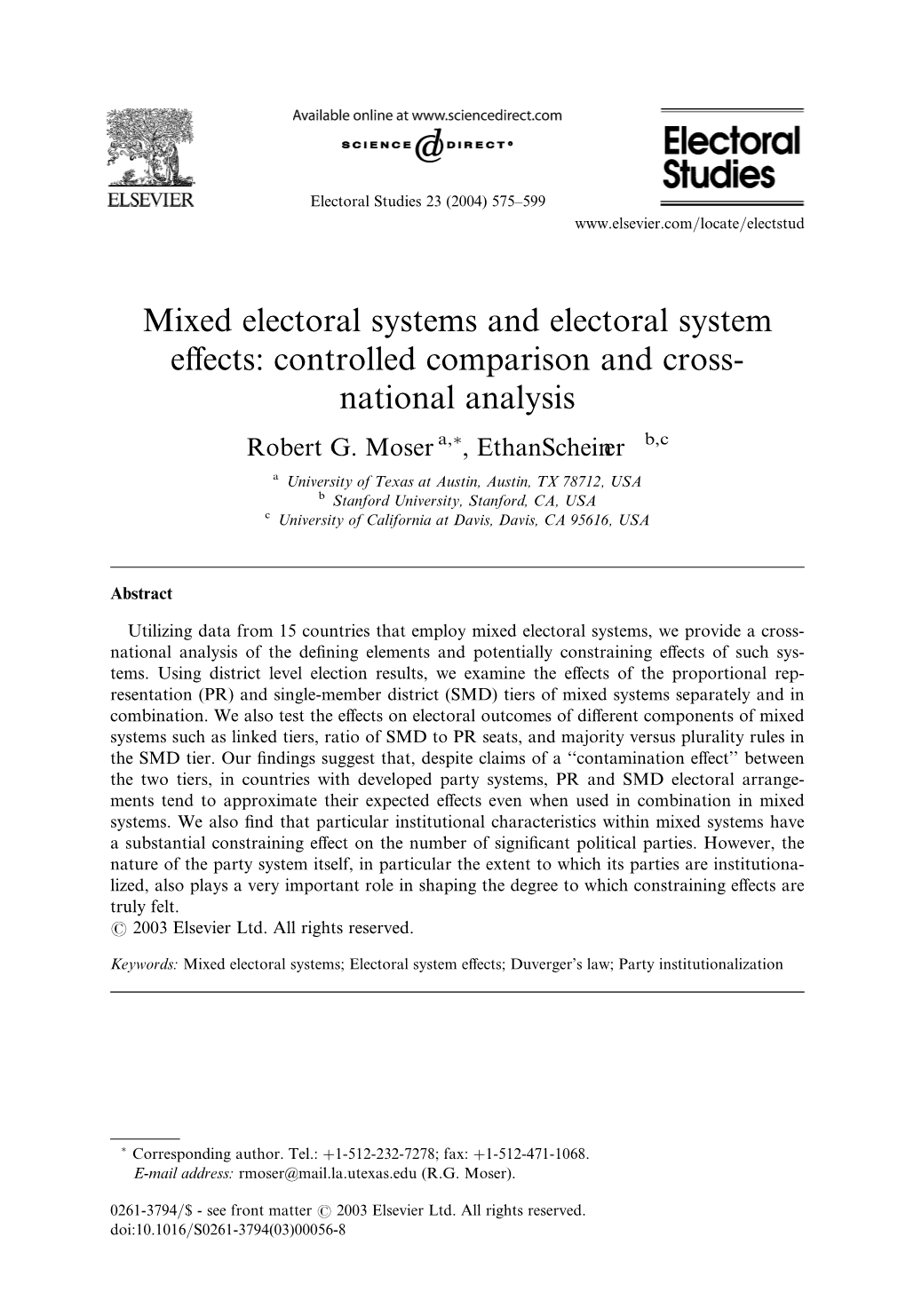 Mixed Electoral Systems and Electoral System Effects