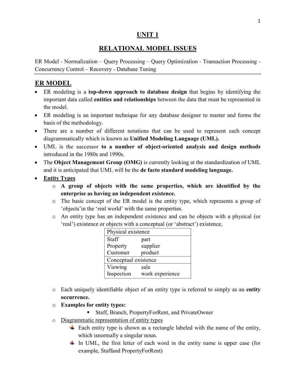 Unit 1 Relational Model Issues Er Model