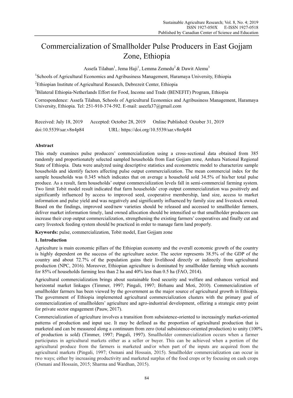 Commercialization of Smallholder Pulse Producers in East Gojjam Zone, Ethiopia